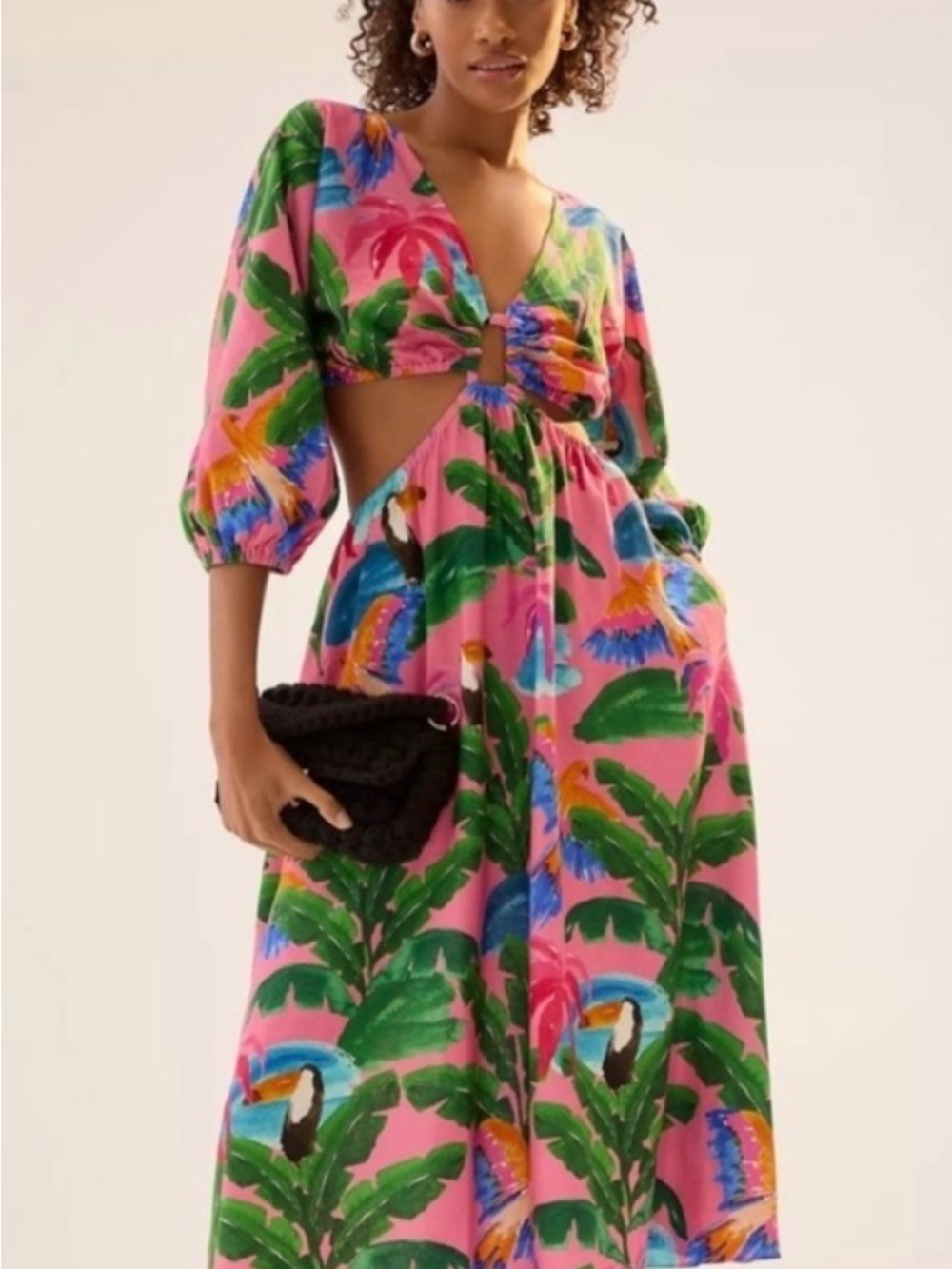 FARM Rio Pink Tropical Cutout Maxi Dress with Green Leaf Print
